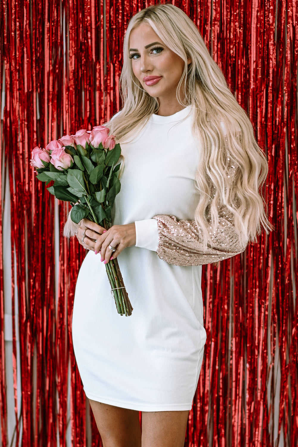 Threaded Pear Mandy Sequin Puff Sleeve Shift Mini Dress