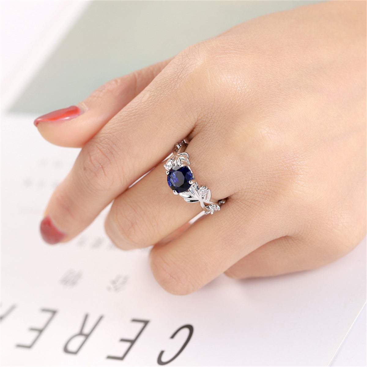 Navy Crystal & Silvertone Round-Cut Floral Ring-3