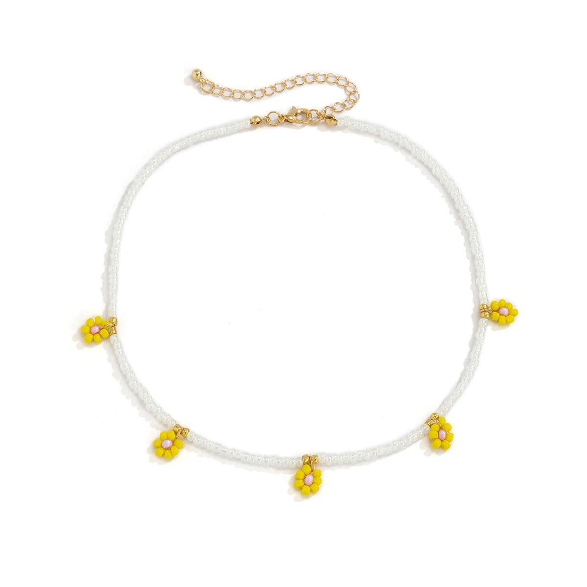 Yellow Howlite & Goldtone Mum Beaded Station Choker Necklace