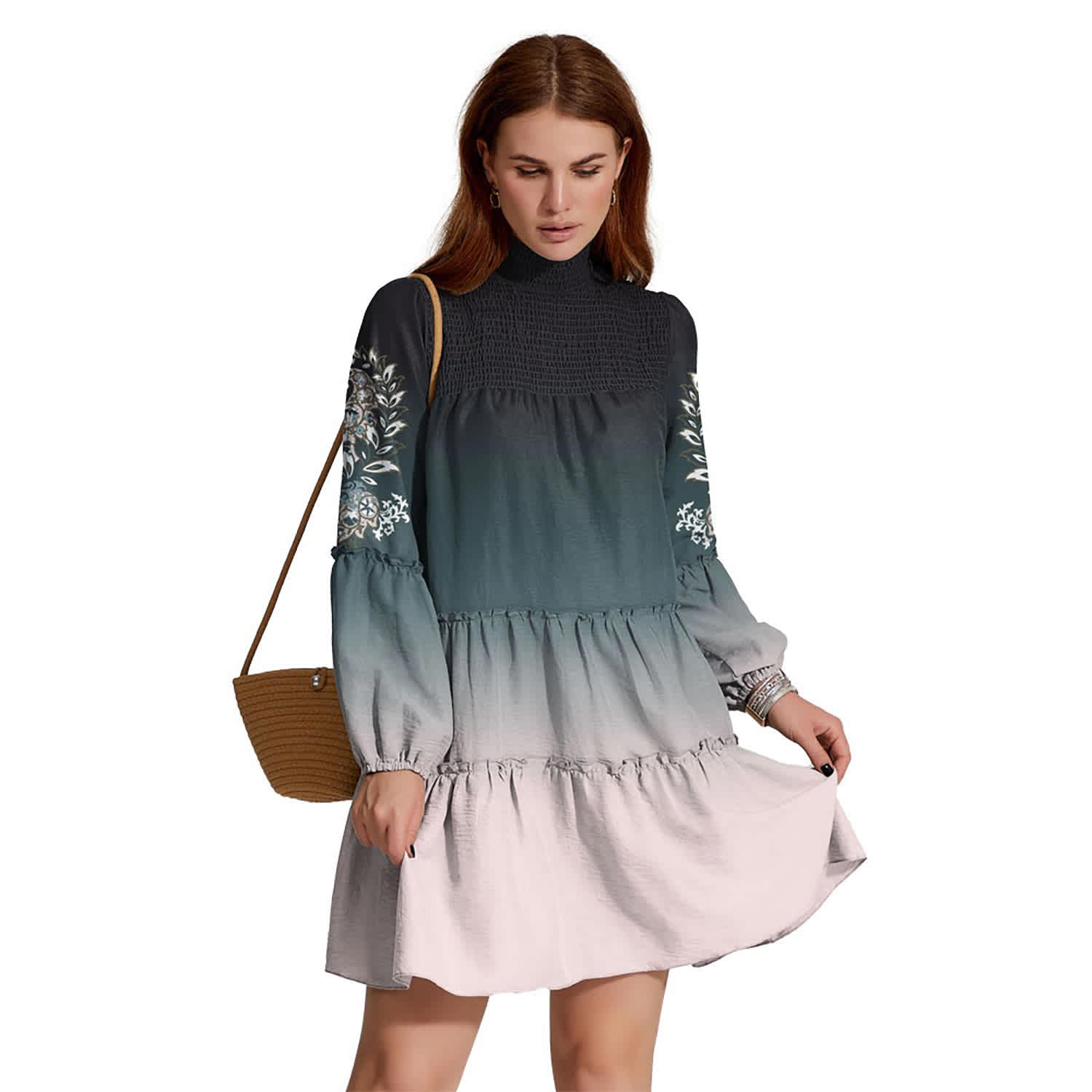 Black & Teal Ombre & Floral Print Smocked Turtleneck Balloon Sleeve Mini Dress Black & Teal / L