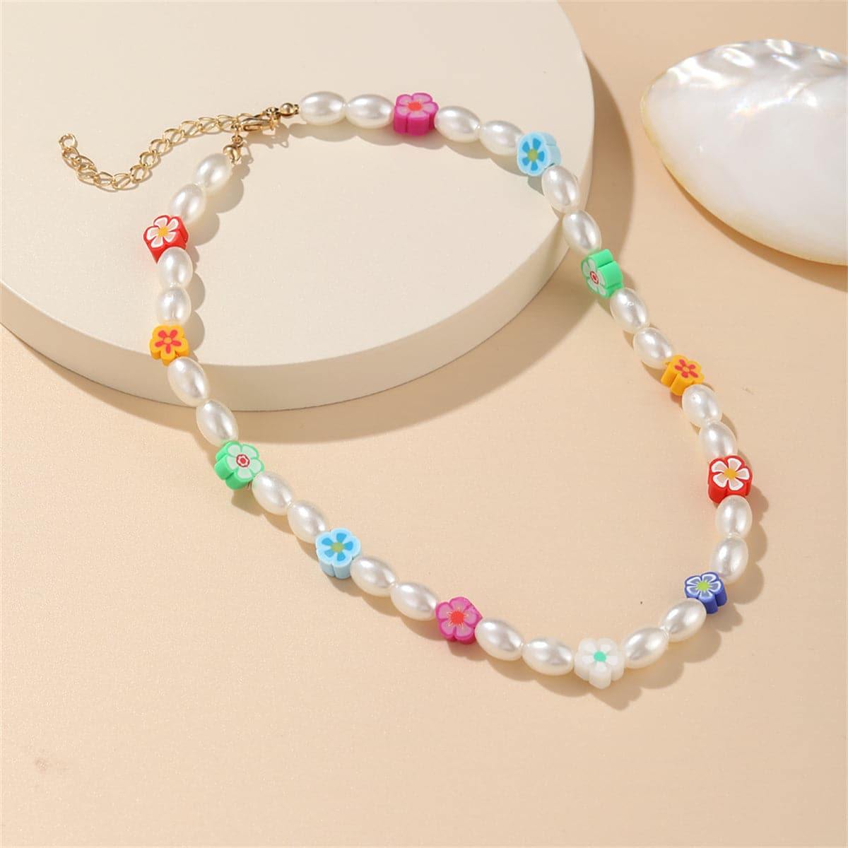 Blue & Pink Polymer Clay Floral Beaded Station Necklace