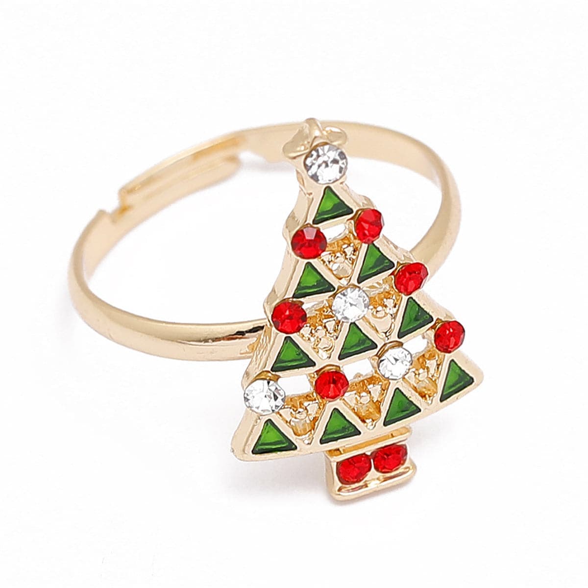 Red & Green Cubic Zirconia Goldtone Tree Adjustable Ring
