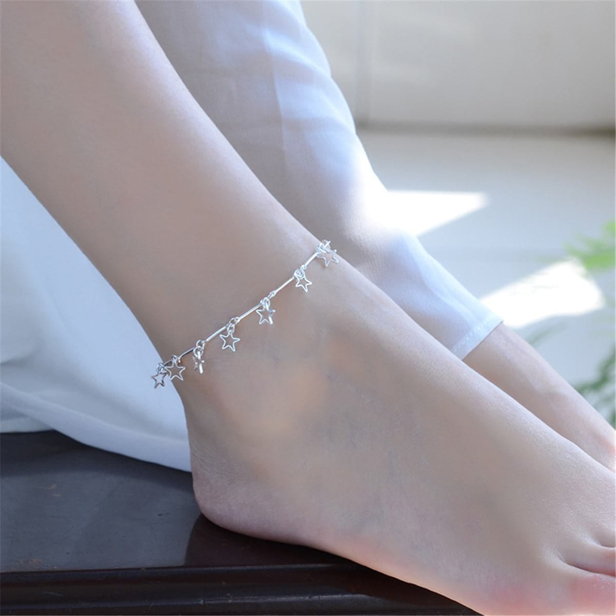 Silvertone Open Star Anklet