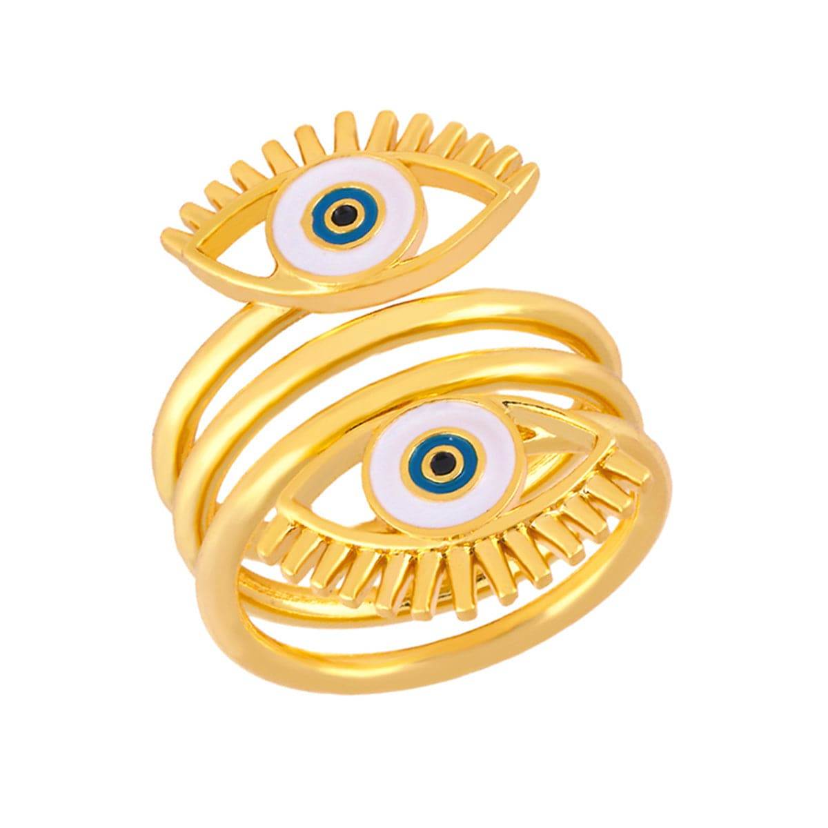 White Enamel & Goldtone Evil Eye Stacked Ring
