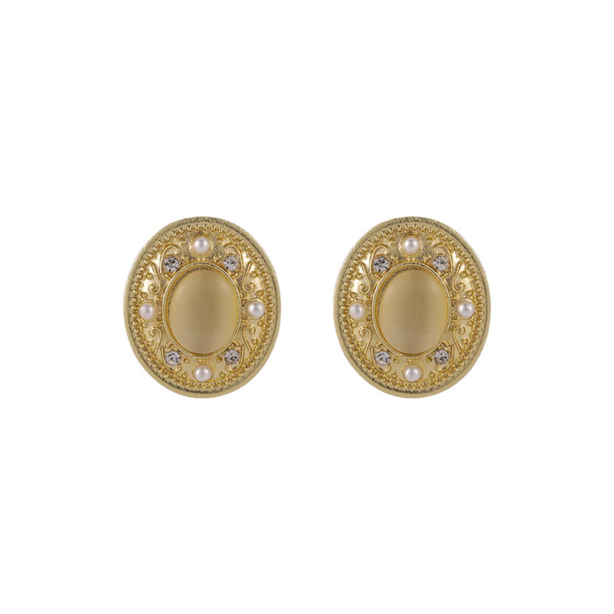 Yellow Cats Eye & Pearl Goldtone Oval Stud Earrings