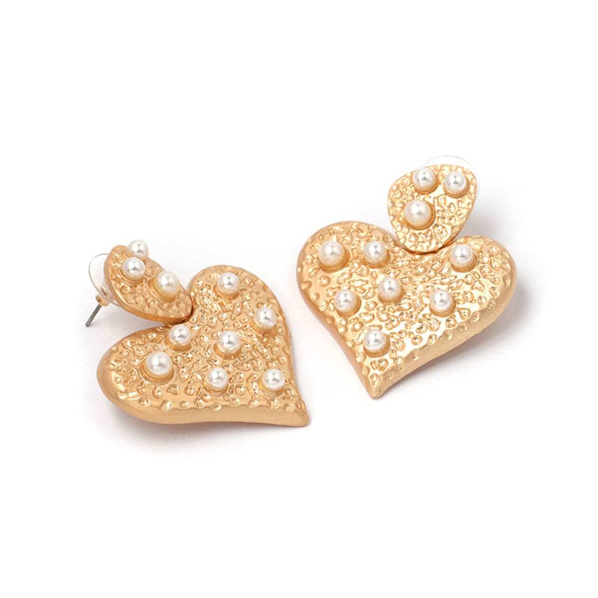 Pearl & Goldtone Textured Heart Drop Earrings
