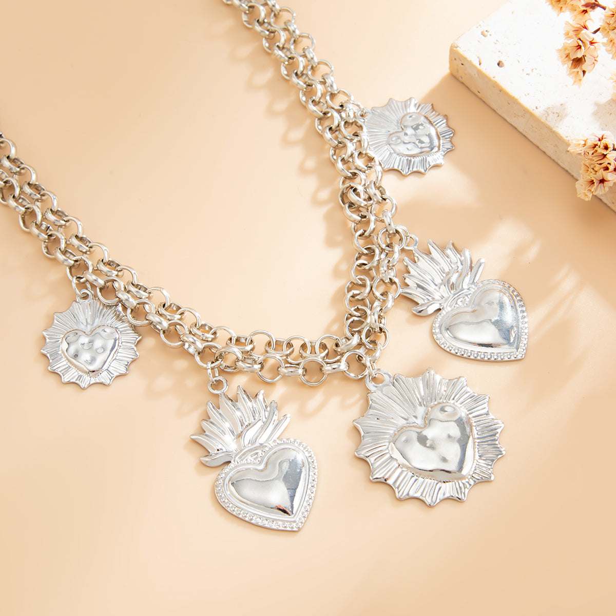 Silvertone Crown Heart Charm Layered Anklet