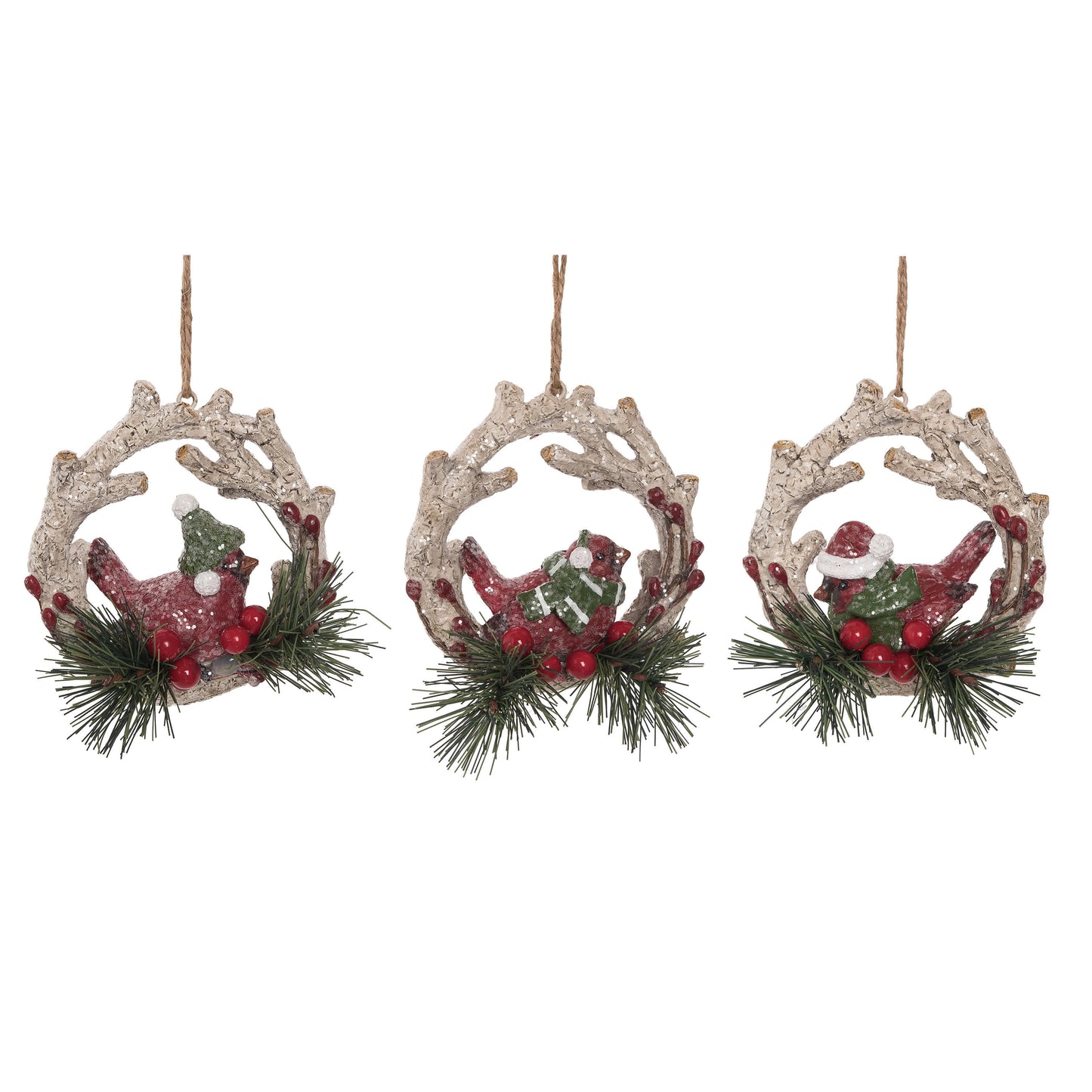 Set of 3 Resin Cardinal Wreath Ornaments for Christmas Tree Home Decorations