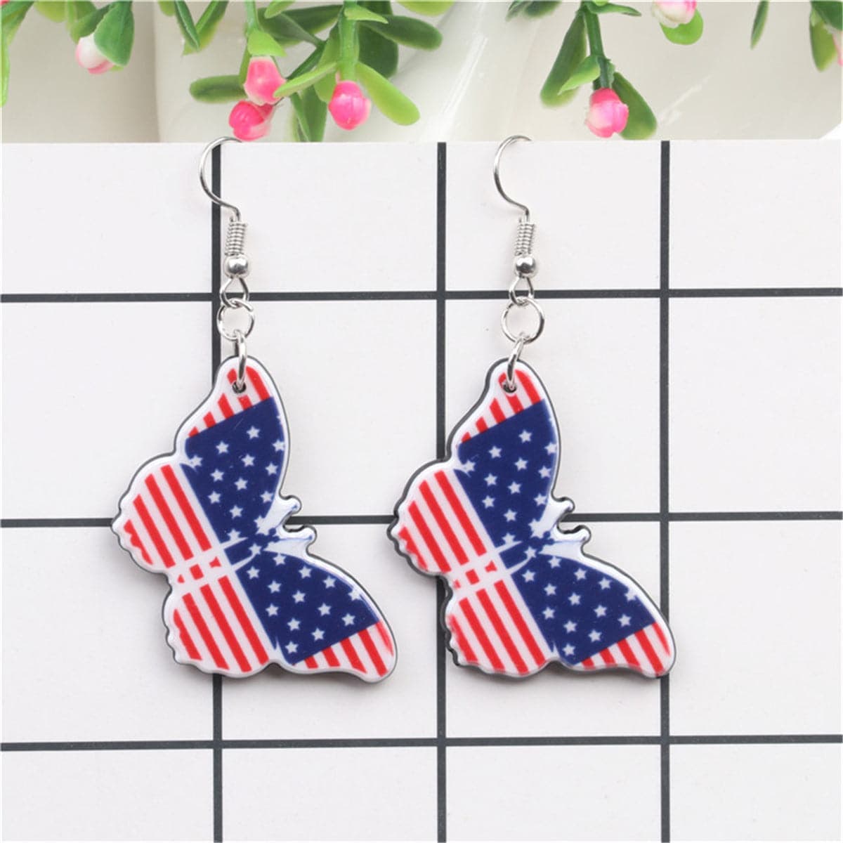 Red & Blue Acrylic Silvertone American Flag Butterfly Drop Earrings