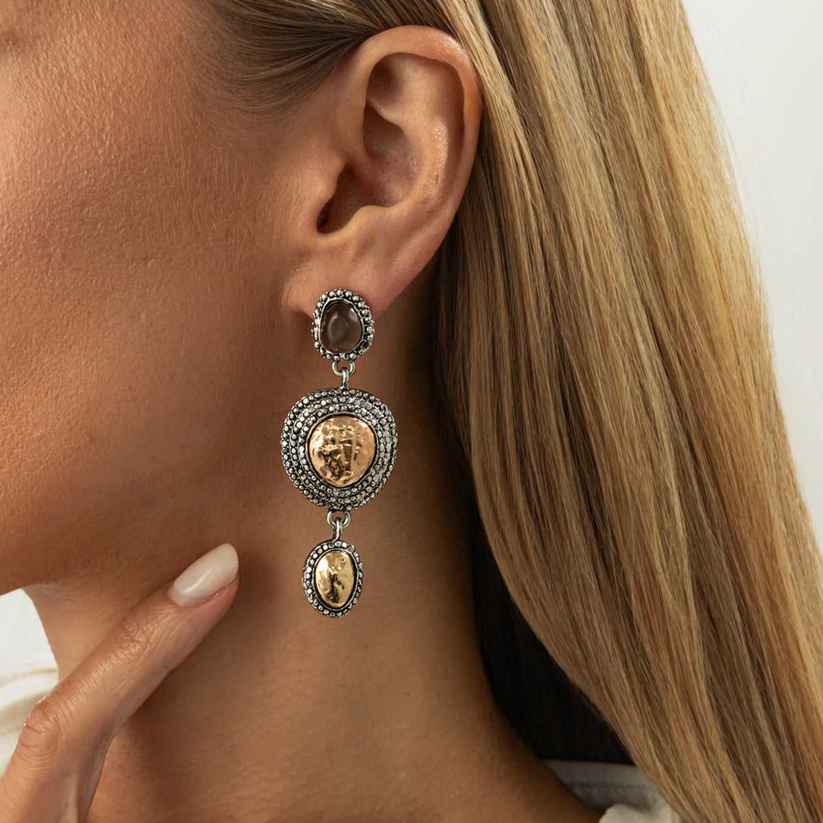 Resin & Two Tone Hammered Round Dangle Earrings