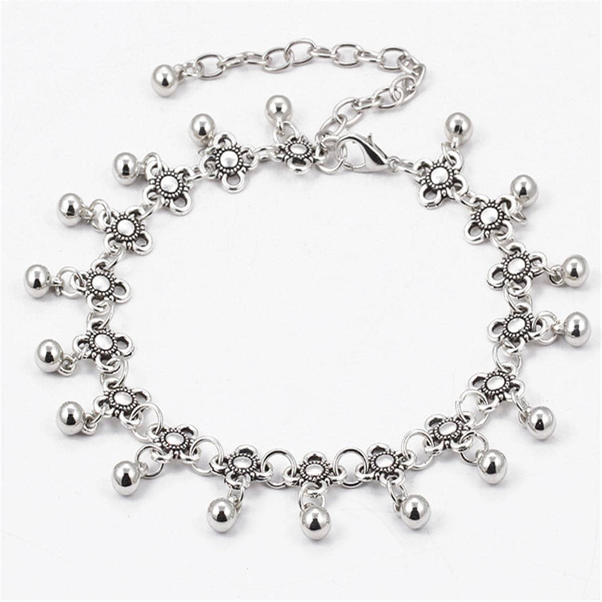 Silvertone Bell Floral Station Anklet