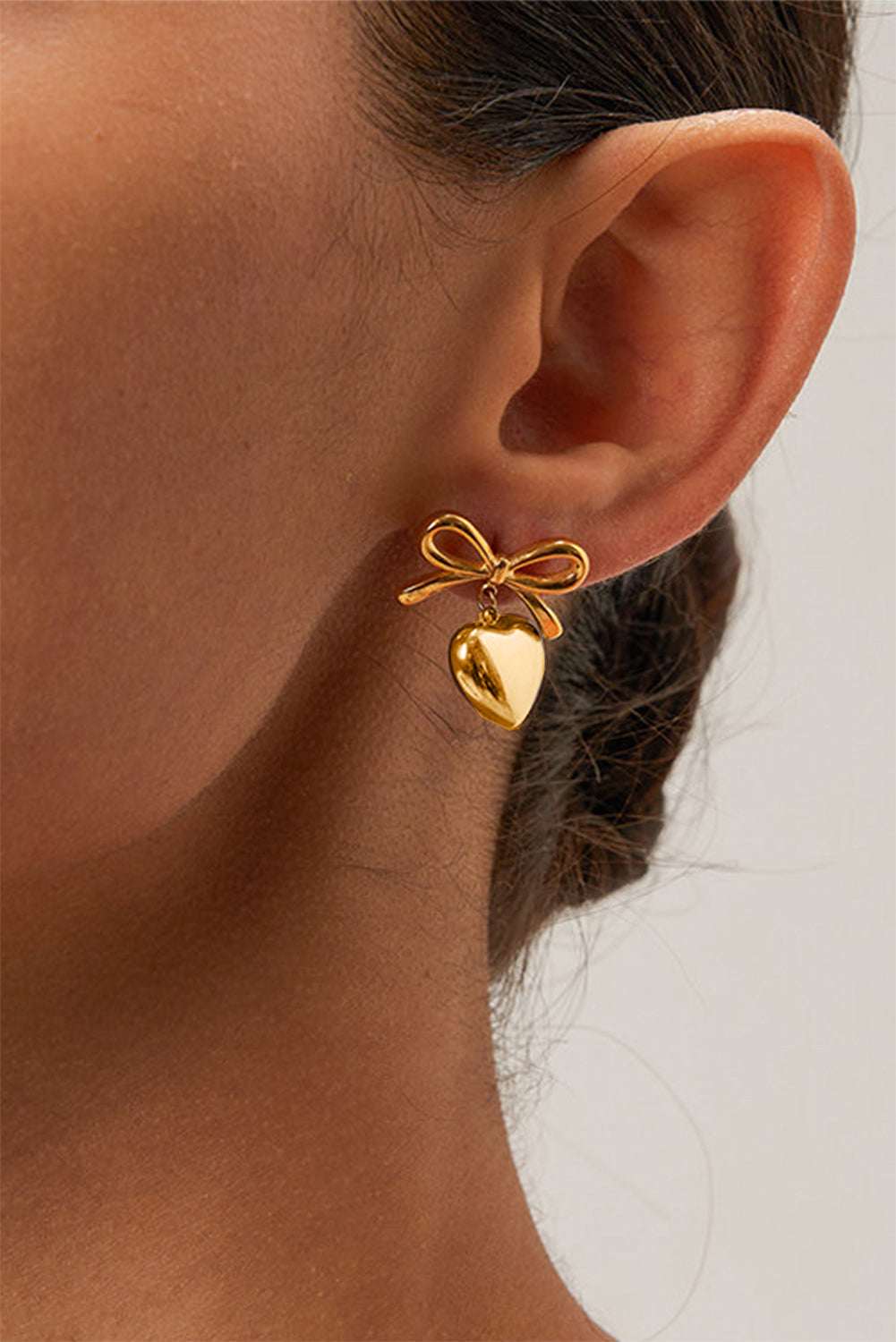 Gold Heart and Bow Studded Earrings - Gold