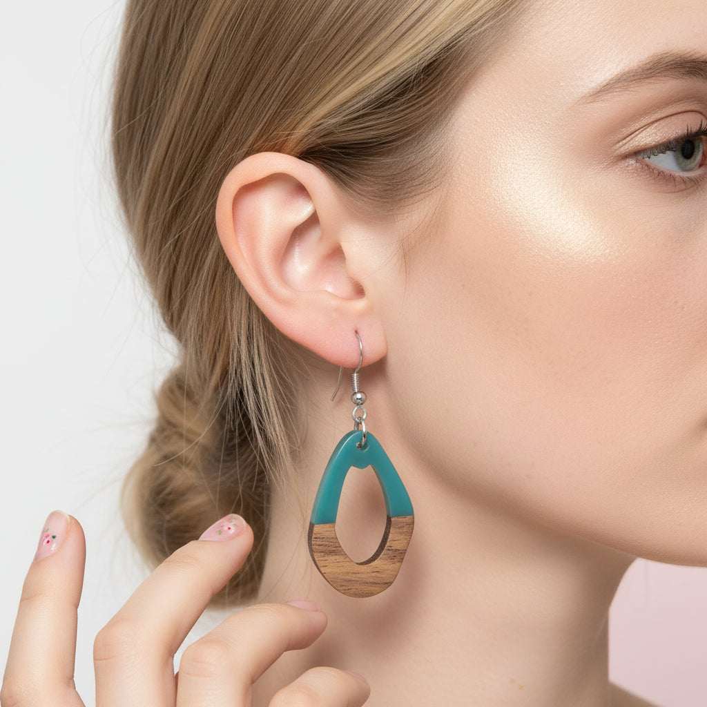 Blue Resin & Wood Silvertone Open Irregular Oval Hook Earrings