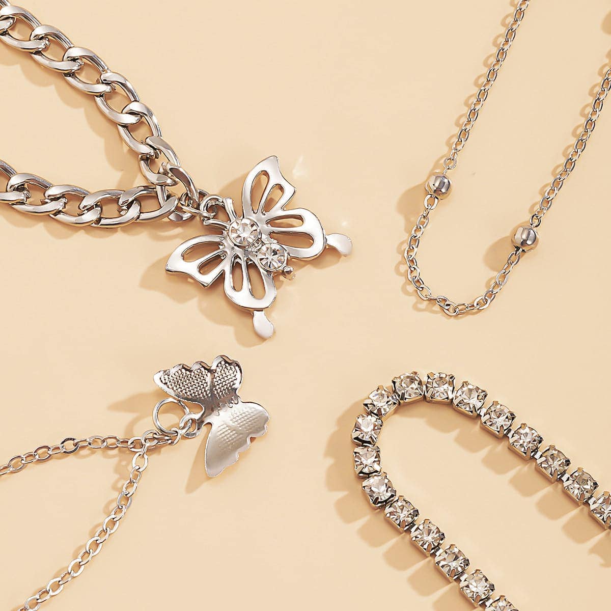 Cubic Zirconia & Silvertone Butterfly Charm Anklet Set