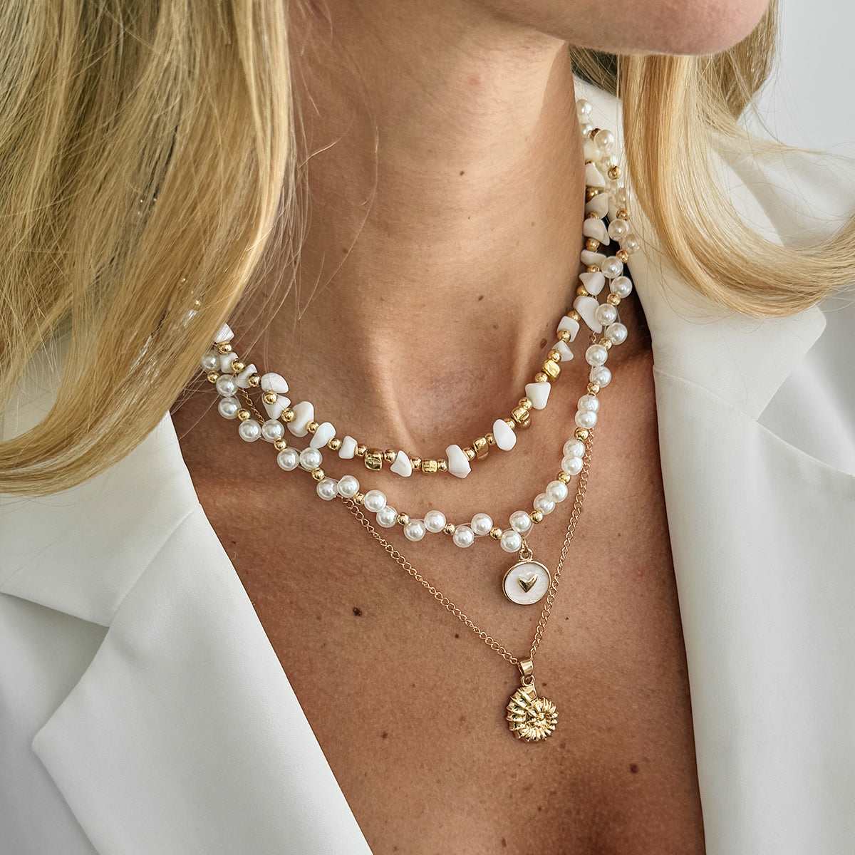 Pearl & Turqouise Enamel Goldtone Conch Pendant Necklace Set