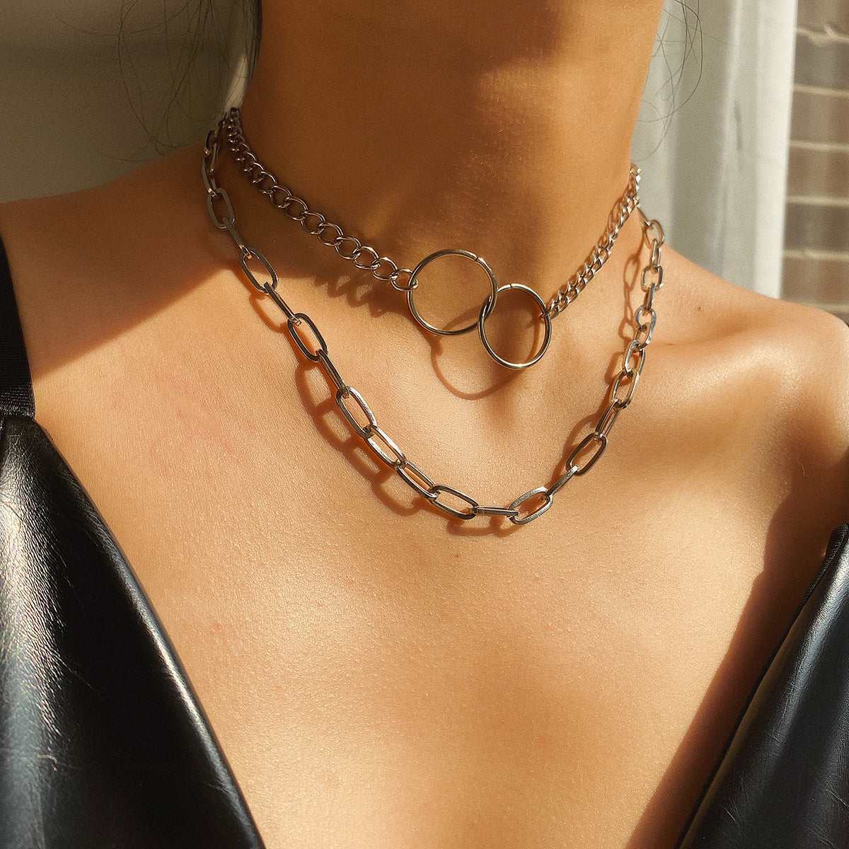 Silvertone Interlocked-Rings Layered Necklace