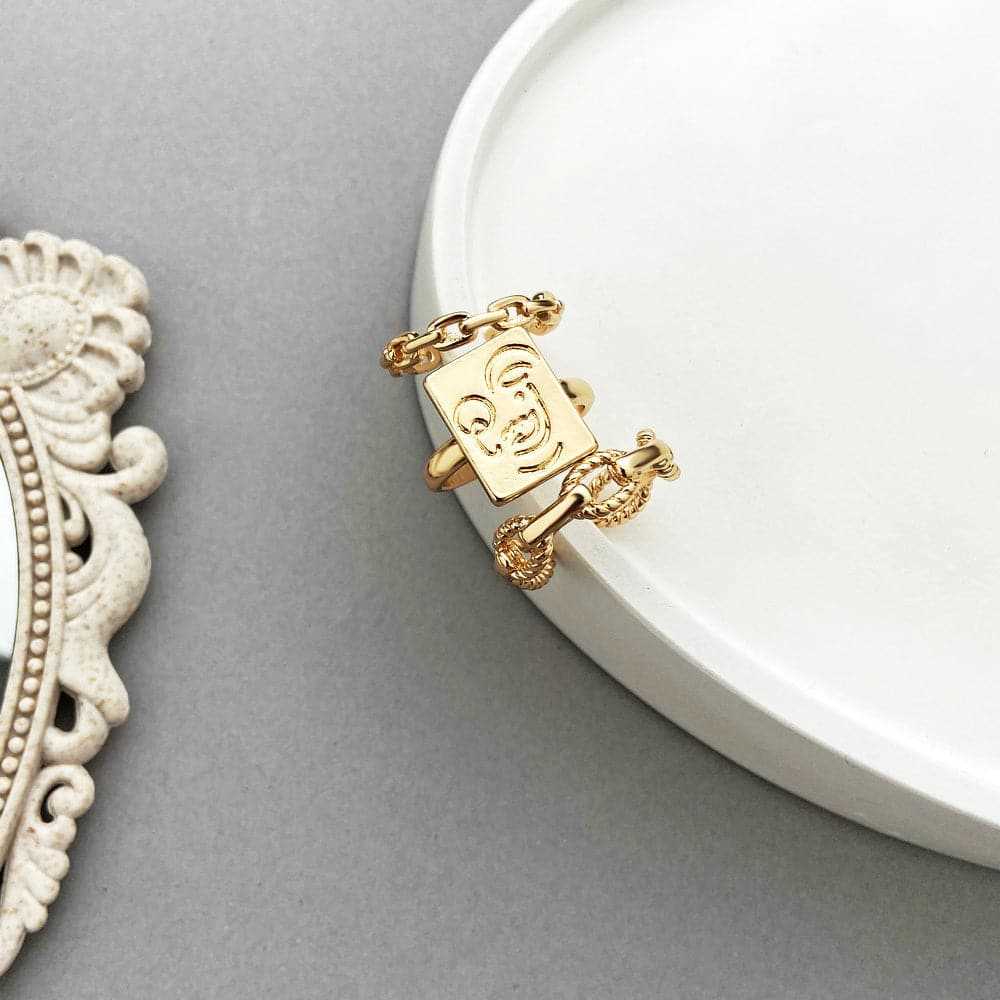 Goldtone Abstract Face Cable Chain Open Ring Set
