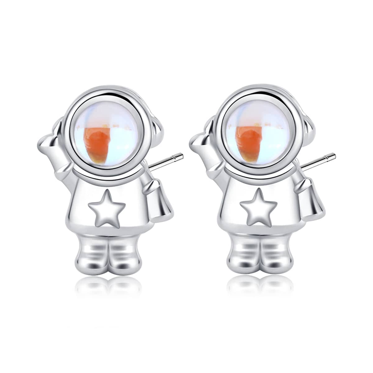 Moonstone & Silvertone Astronaut Stud Earrings