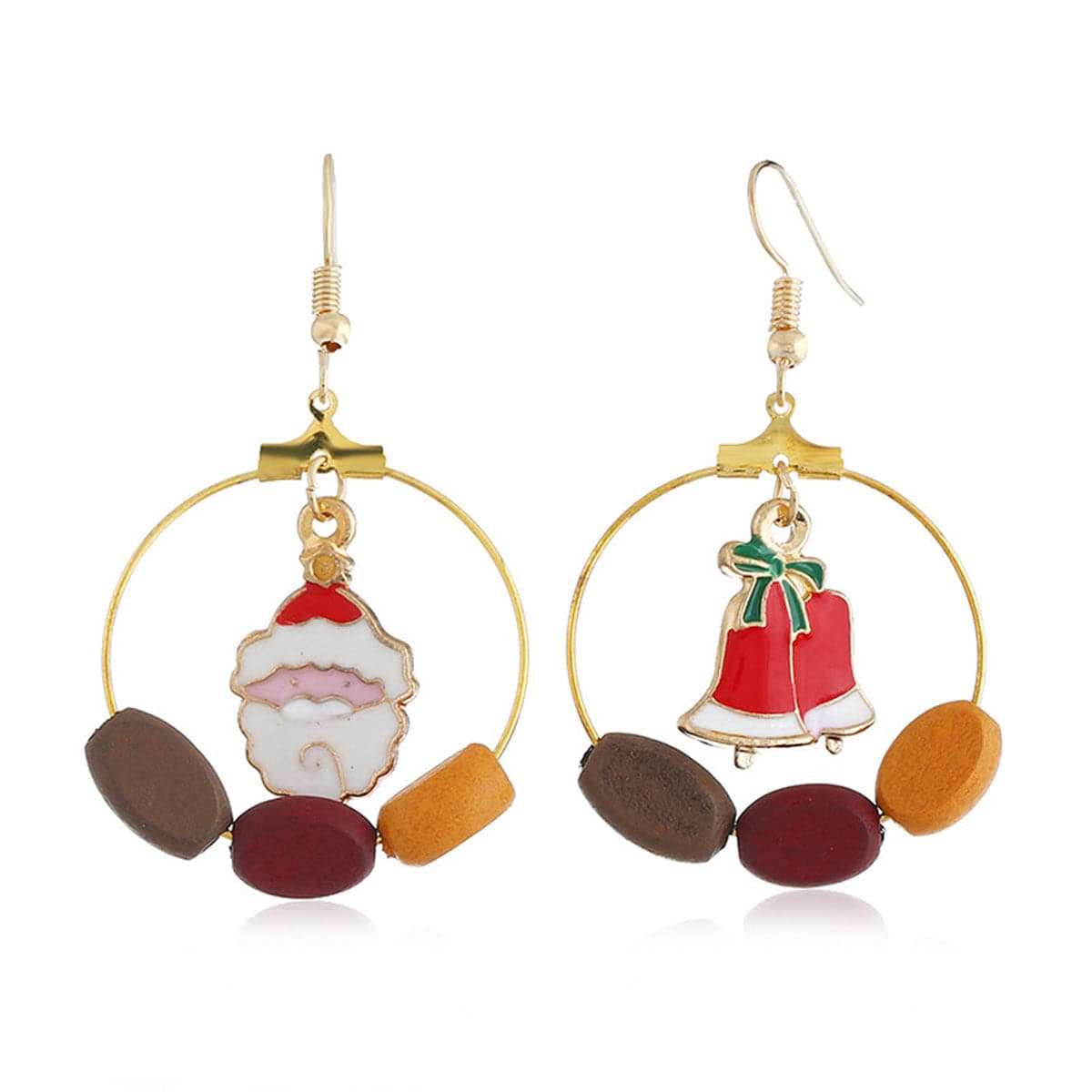 Wood & Goldtone Santa Claus & Bell Drop Earrings