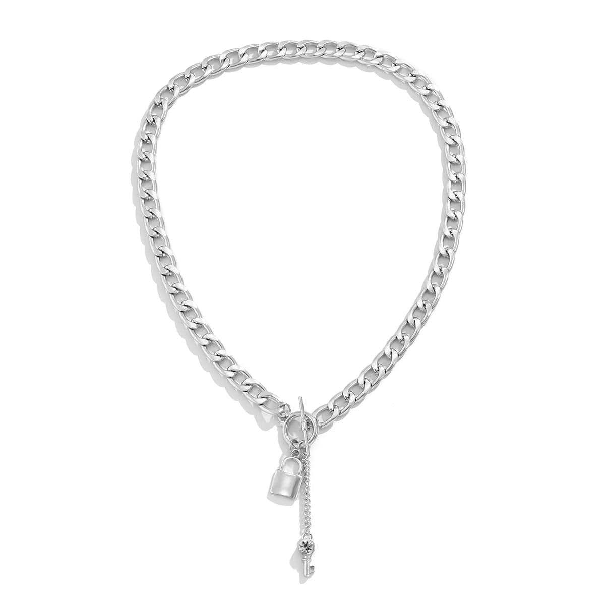 Cubic Zirconia & Silvertone Lock Chain Necklace