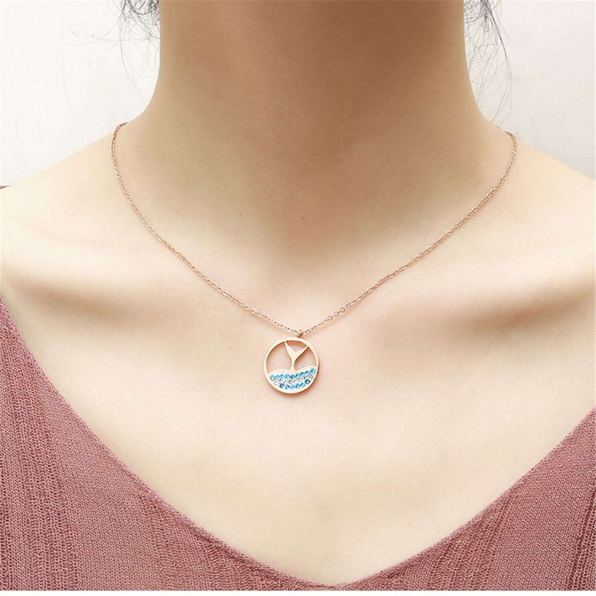 Blue Cubic Zirconia & Rose Goldtone Tail Pendant Necklace