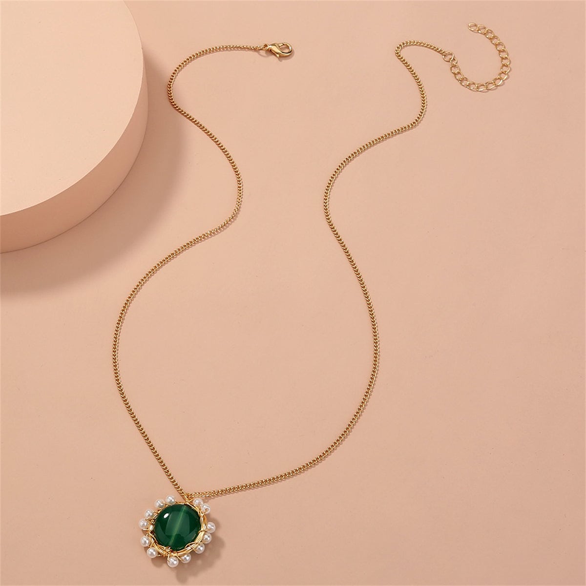Green Crystal & Pearl Goldtone Flower Pendant Necklace