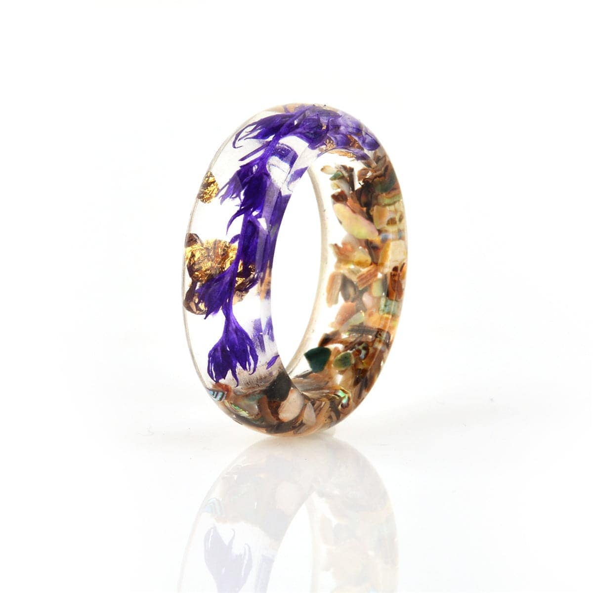 Purple Resin & Goldtone Dried Flower Stone Band Ring