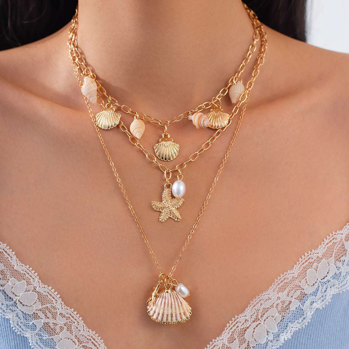 Pearl & Shell Goldtone Sea Lives Pendant Necklace Set