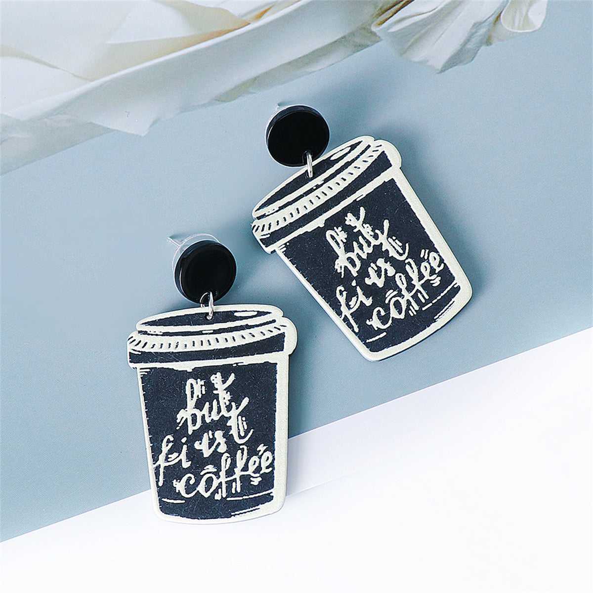 Black & Silvertone 'But First Coffee' Drop Earrings