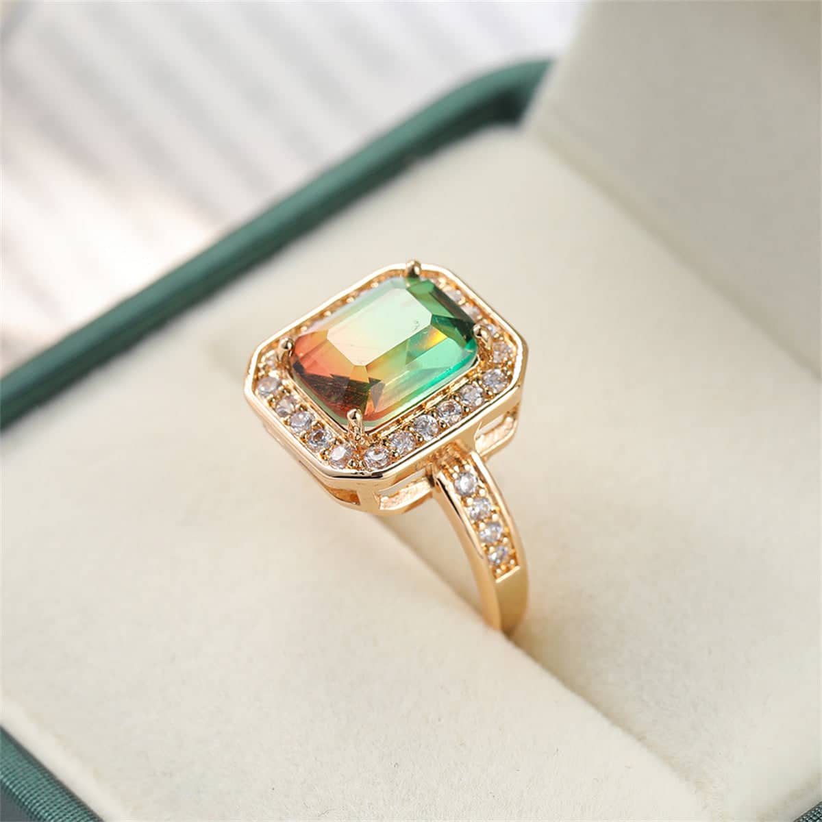 Red-green Crystal & Cubic Zirconia Radiant-Cut Channel Halo Ring-3