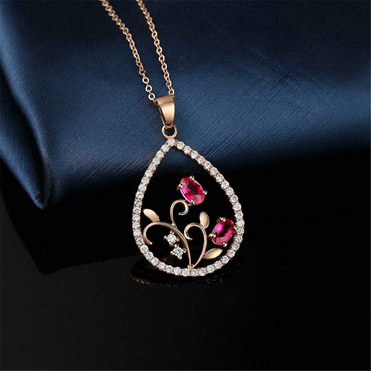 Cubic Zirconia & Crystal Flower Open Teardrop Pendant Necklace