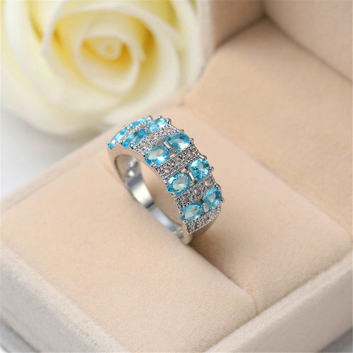 Sea Blue Crystal & Silvertone Oval-Cut Band Ring