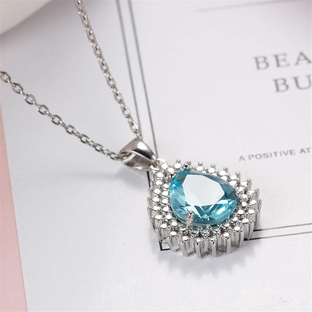 Blue Crystal & Silvertone Pear Pendant Necklace