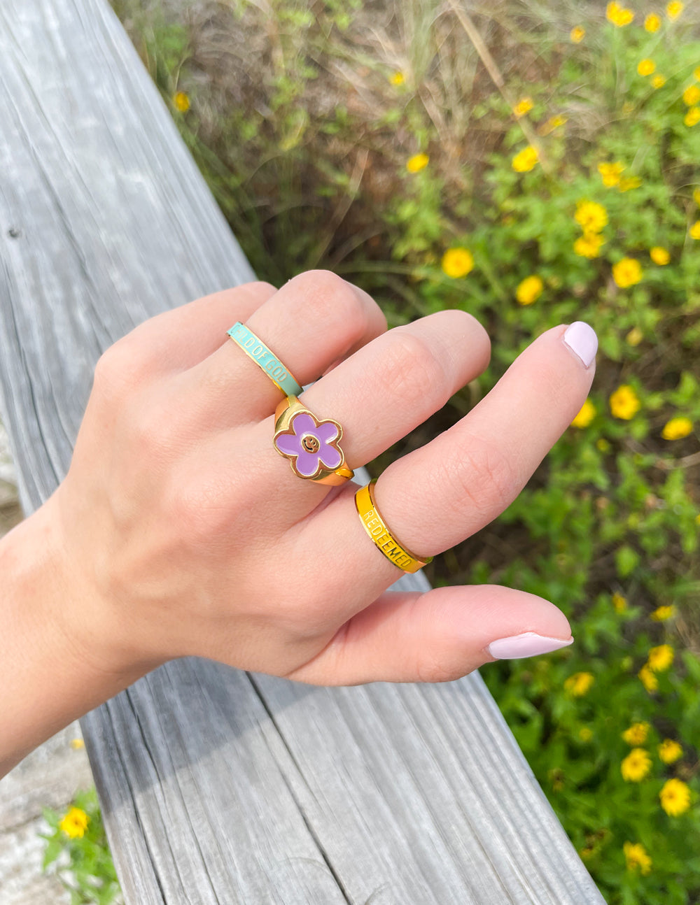 Elevated Faith Lavender Smiley Flower Ring