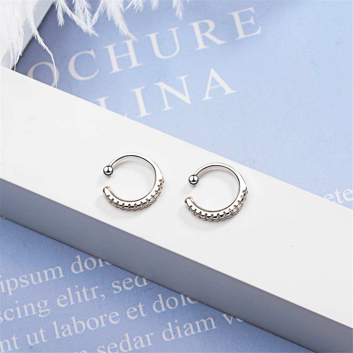 Cubic Zirconia & Silvertone Hoop Stud Ear Cuffs
