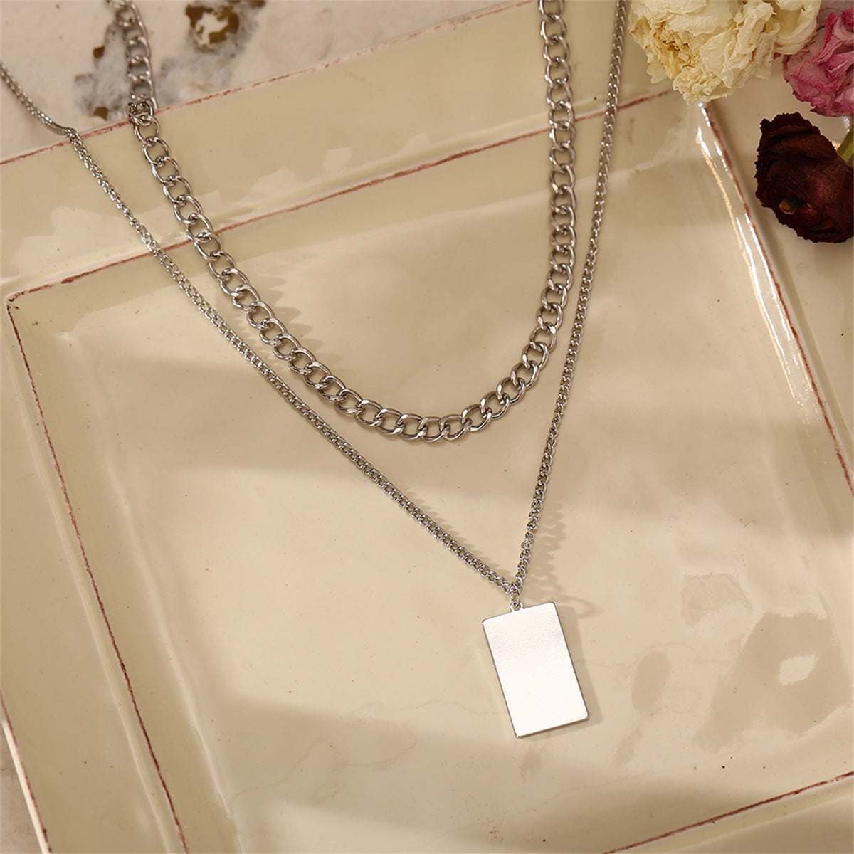Silvertone Rectangle Layered Pendant Necklace