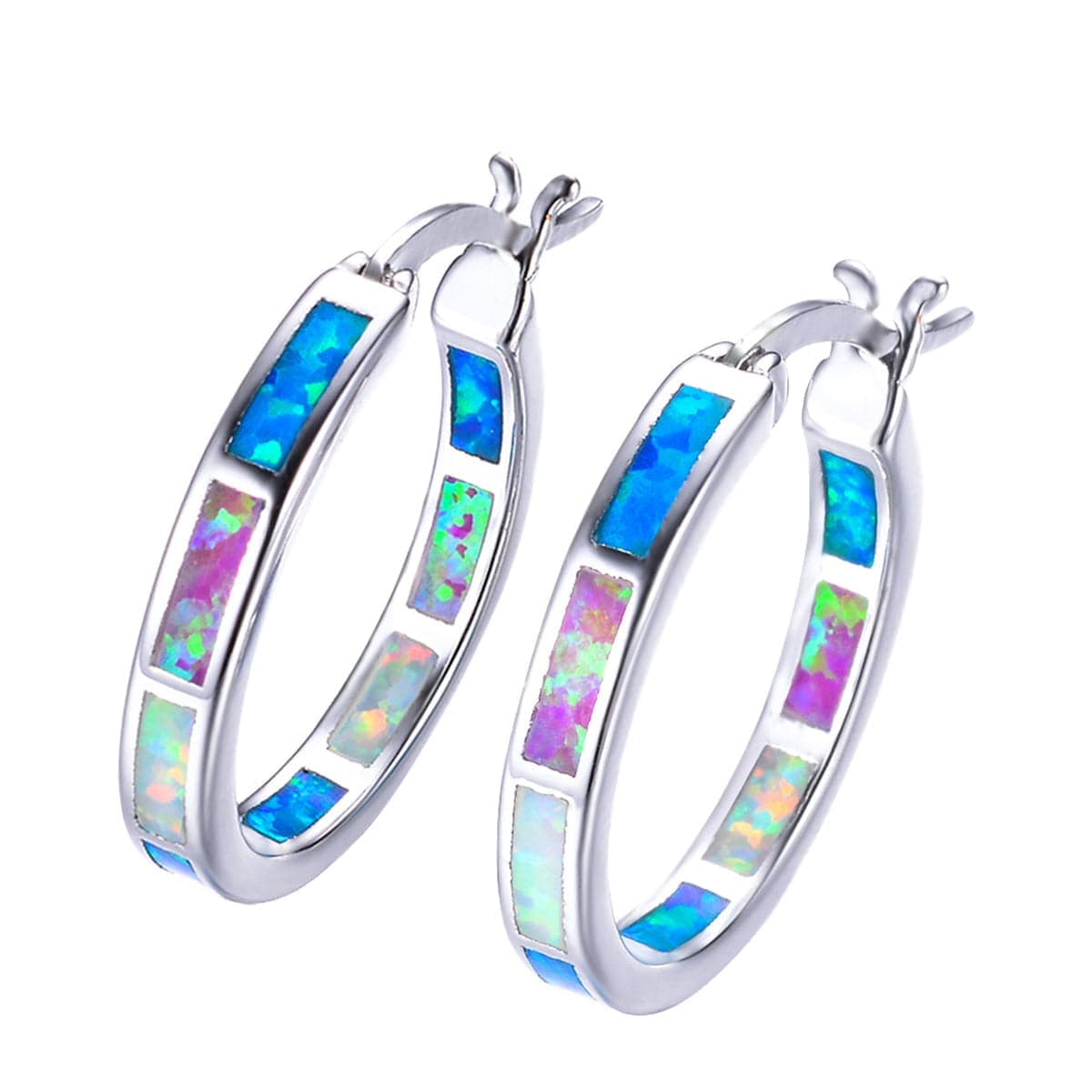 Blue Opal & Silvertone Color Block Channel Hoop Earrings