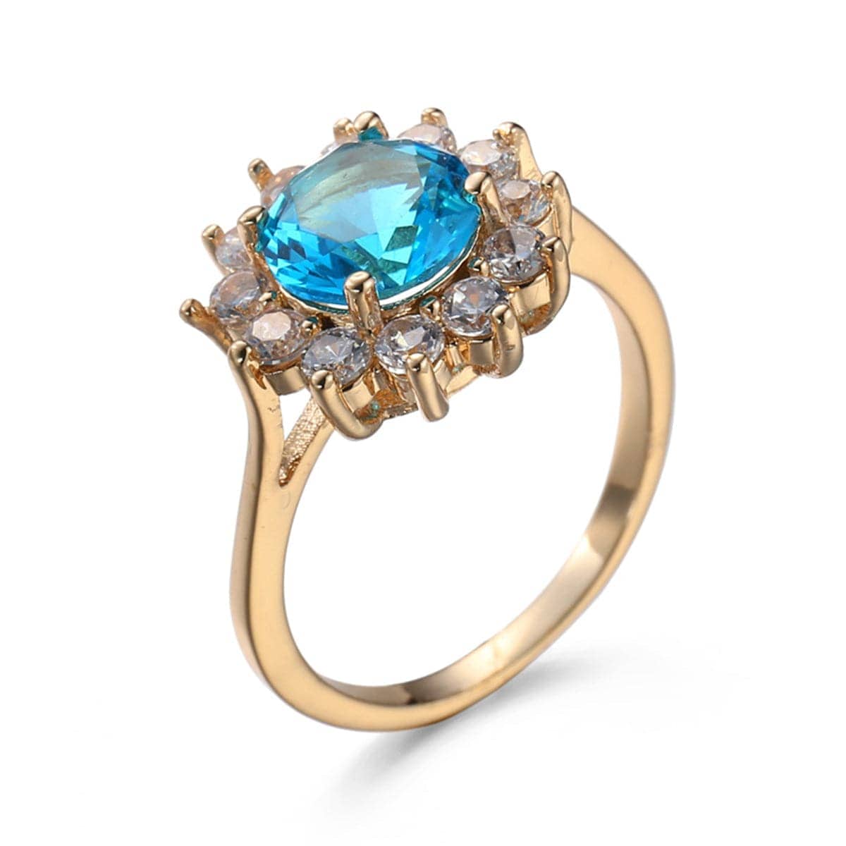 Sea Blue Crystal & Cubic Zirconia Goldtone Burst Round Ring
