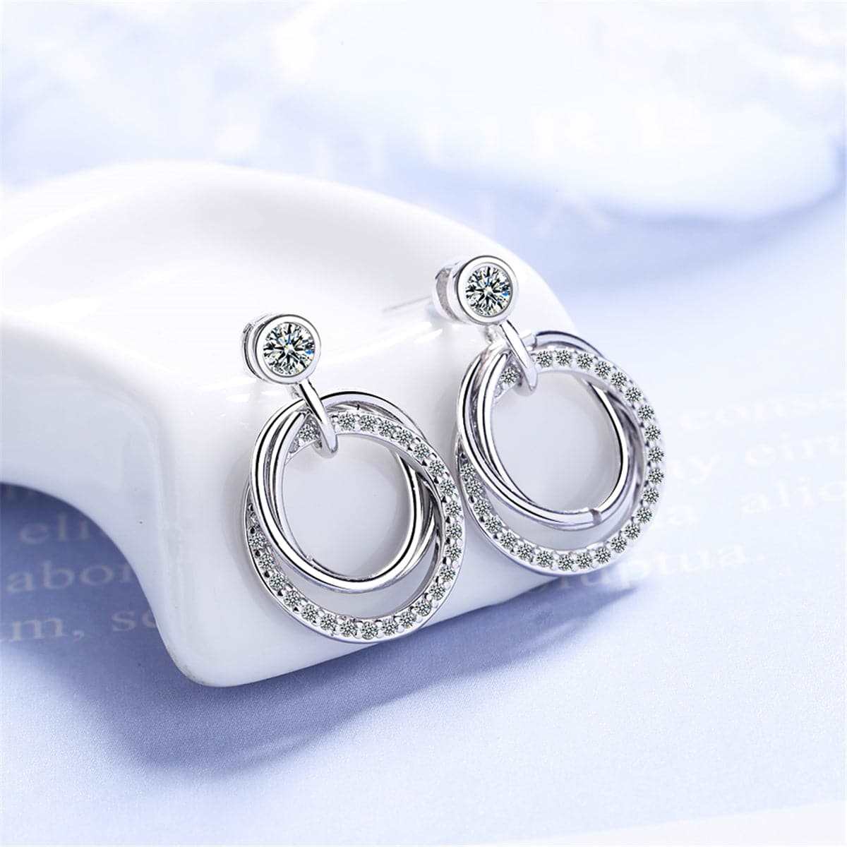 Cubic Zirconia & Silvertone Triple Circle Drop Earrings