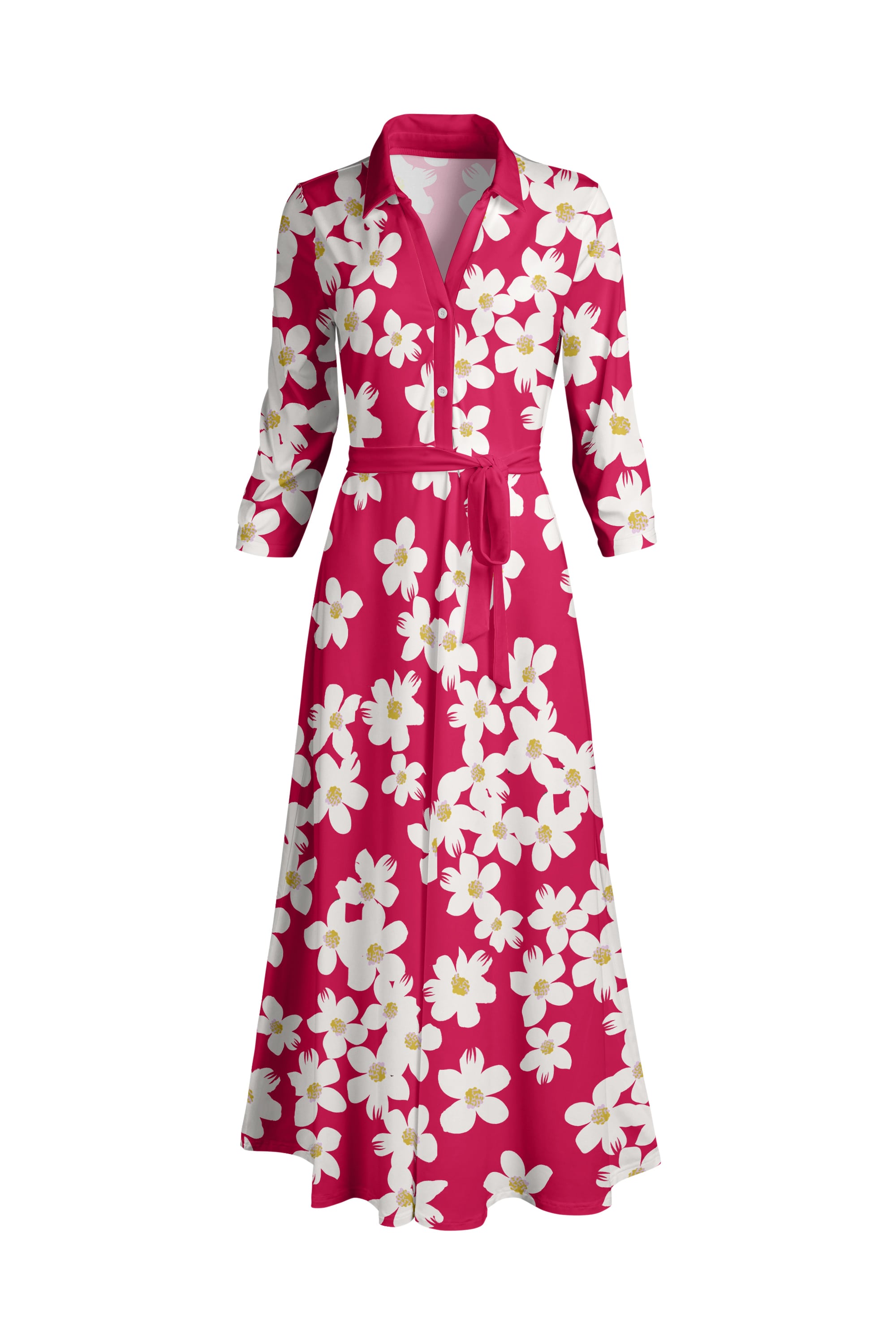 Lily by Firmiana Women's Long Sleeve Collared Maxi Dress with Tie Fuchsia & White Floral Fuchsia & White Floral / S