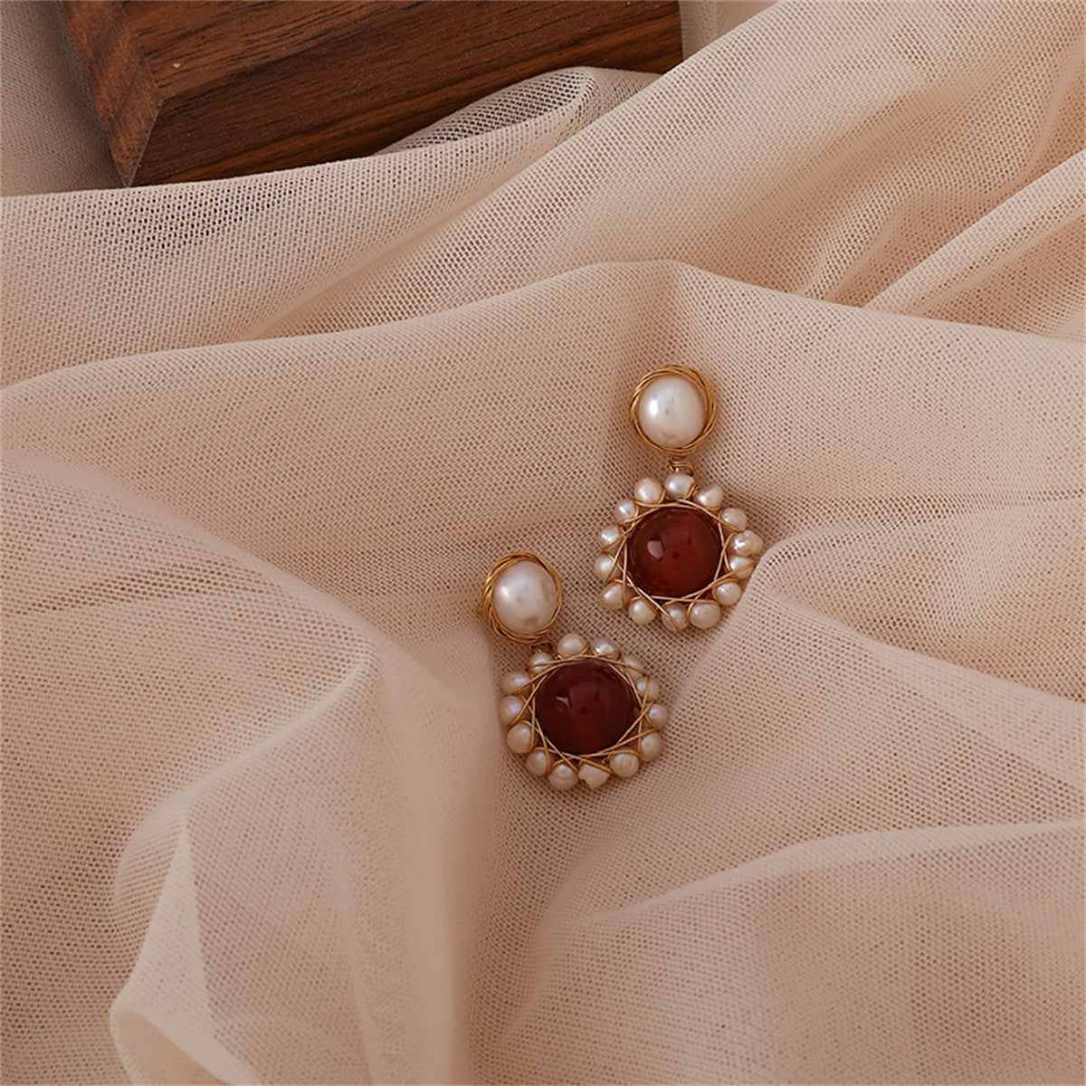 Red Agate & Pearl Goldtone Entangled Drop Earrings