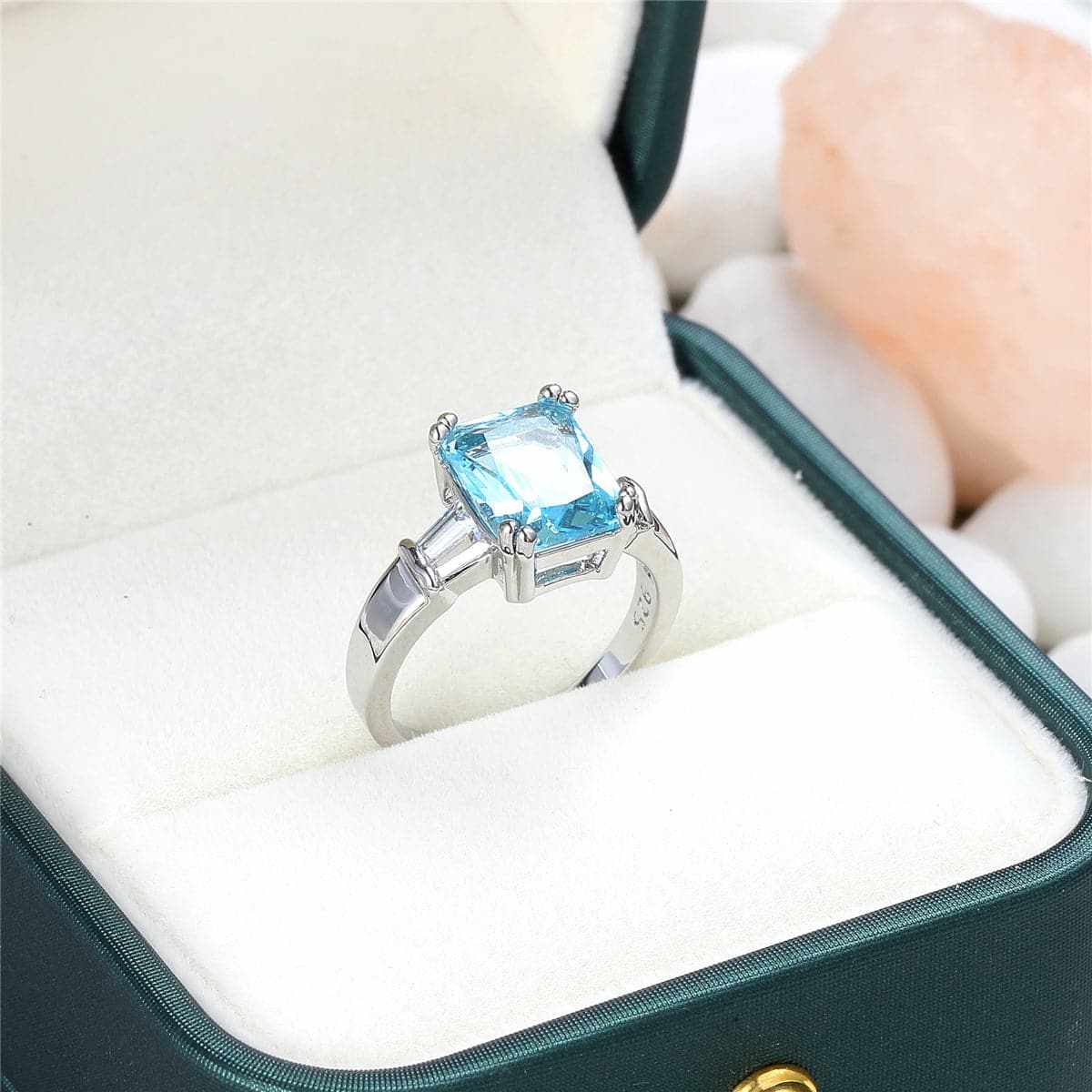 Sea Blue Crystal & Silvertone Ring