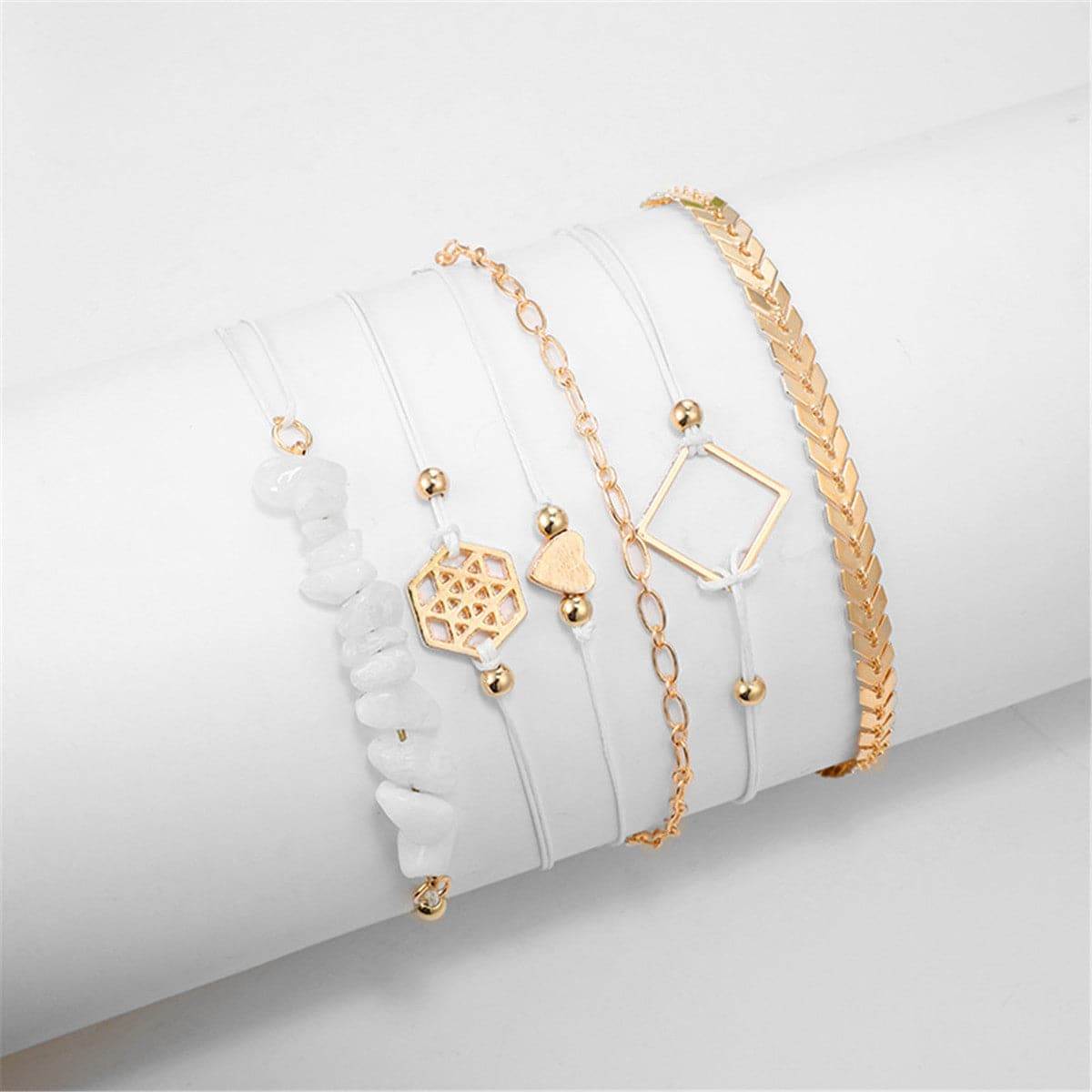 White Resin & Goldtone Geometric Charm Bracelet Set
