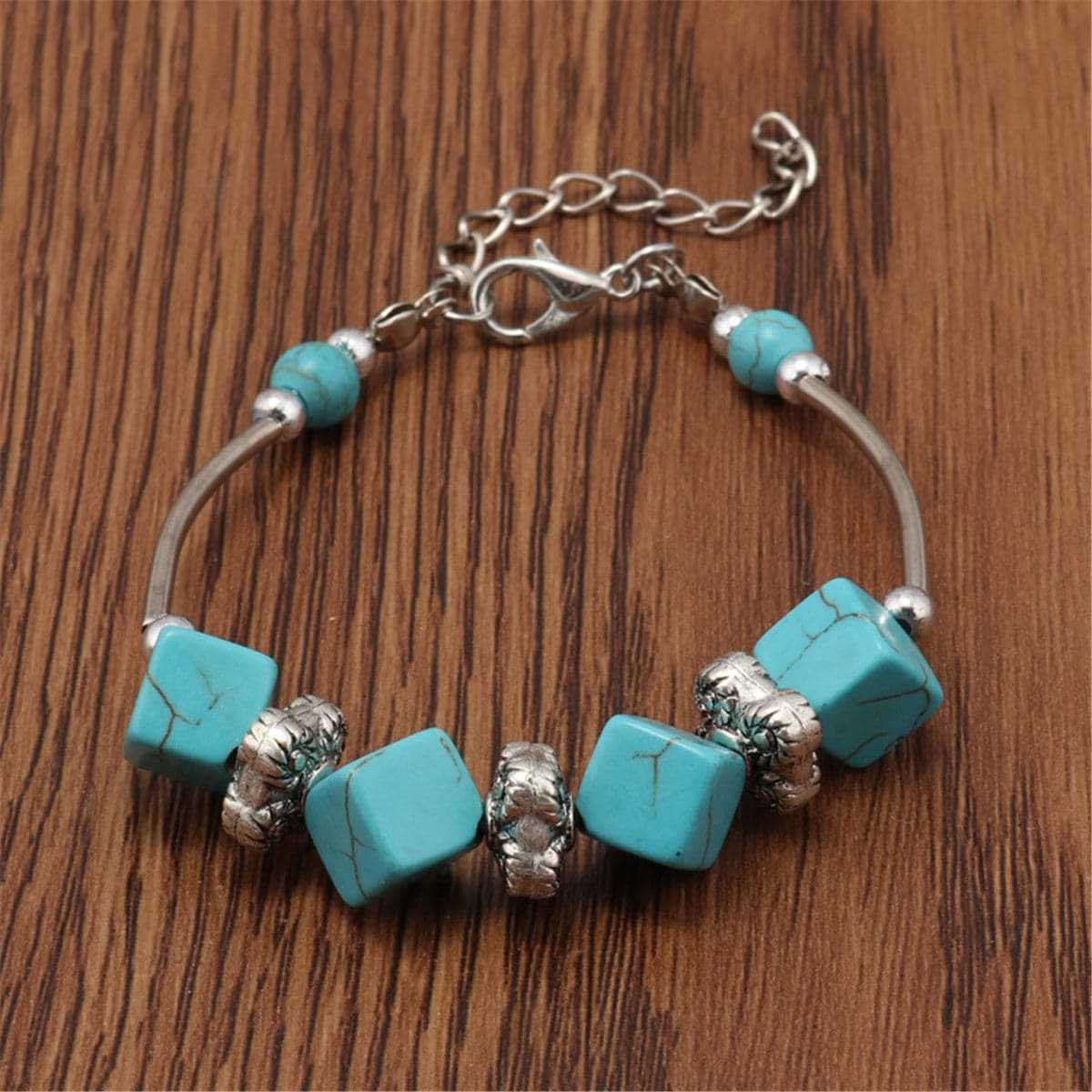 Turquoise & Silvertone Cube Charm Bracelet