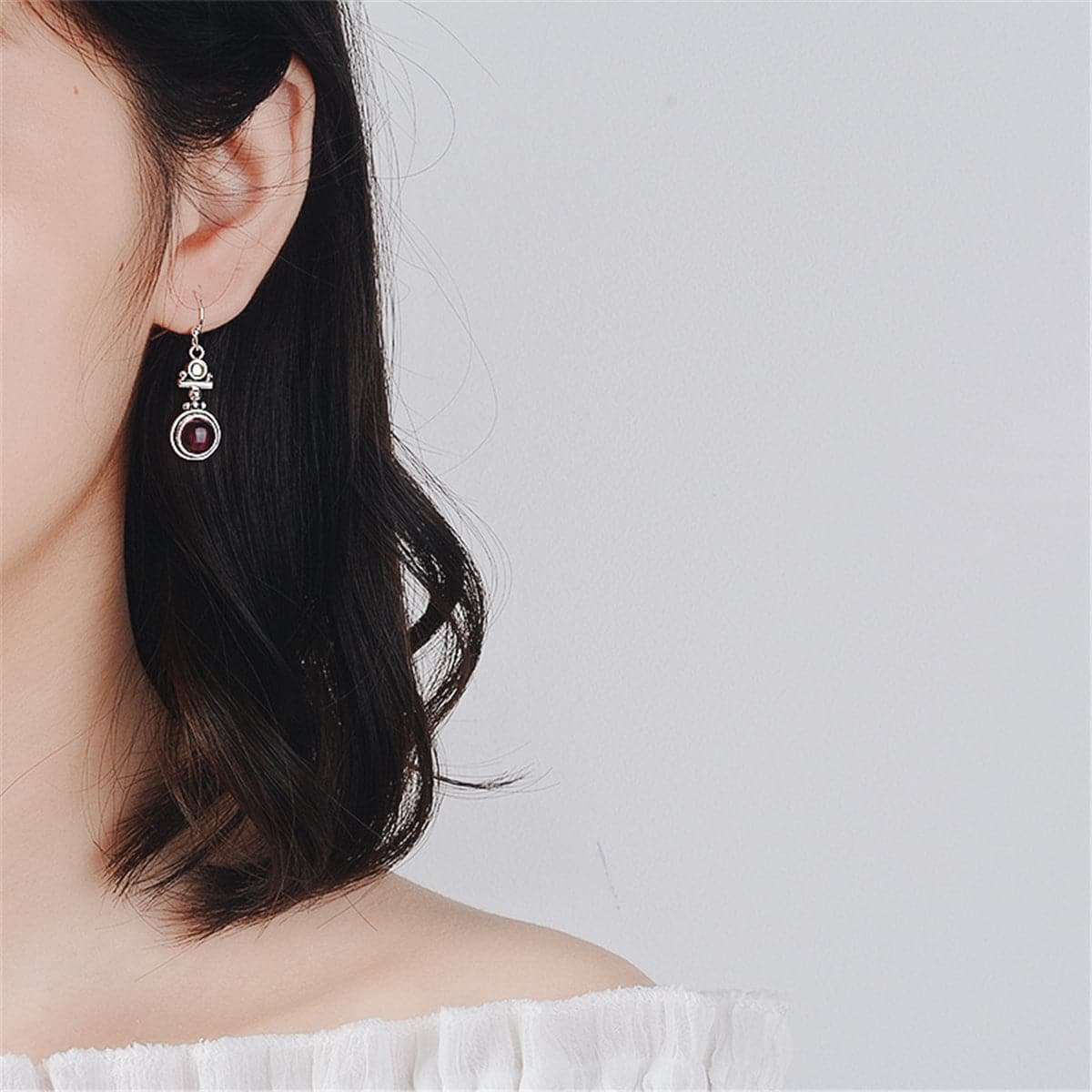 Red Moonstone & Silvertone Round Drop Earrings