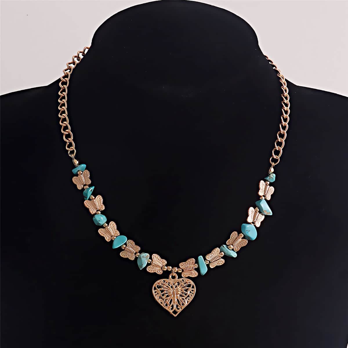 Turquoise & Goldtone Butterfly Heart Pendant Necklace