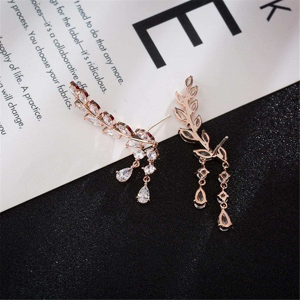 Cubic Zirconia & Rose Goldtone Wing Ear Climbers