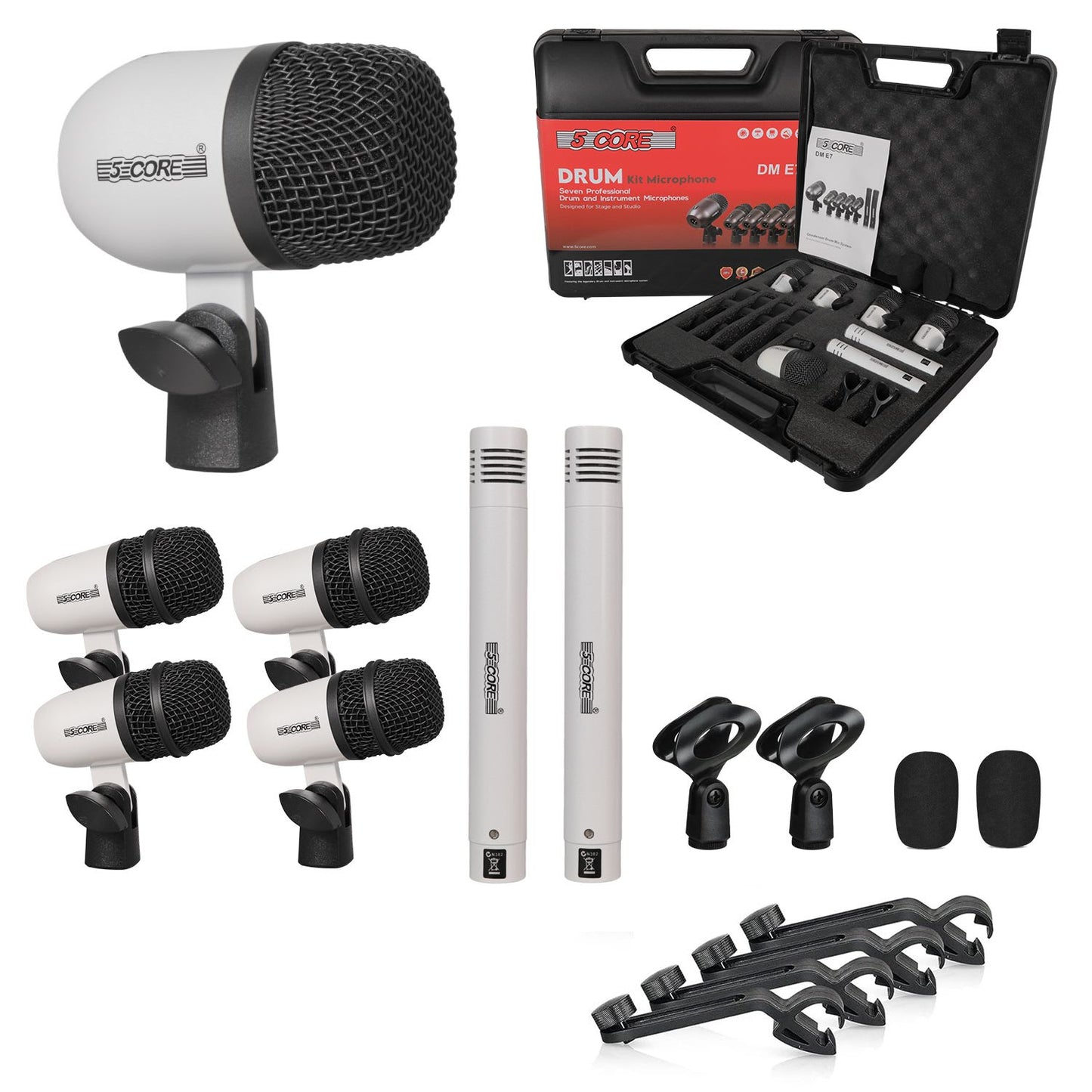 5 Core Drum Microphone Kit 7Pc All Metal Drummer Mics Tom/Snare & Cymbals Wired Instrument Drums Set - White