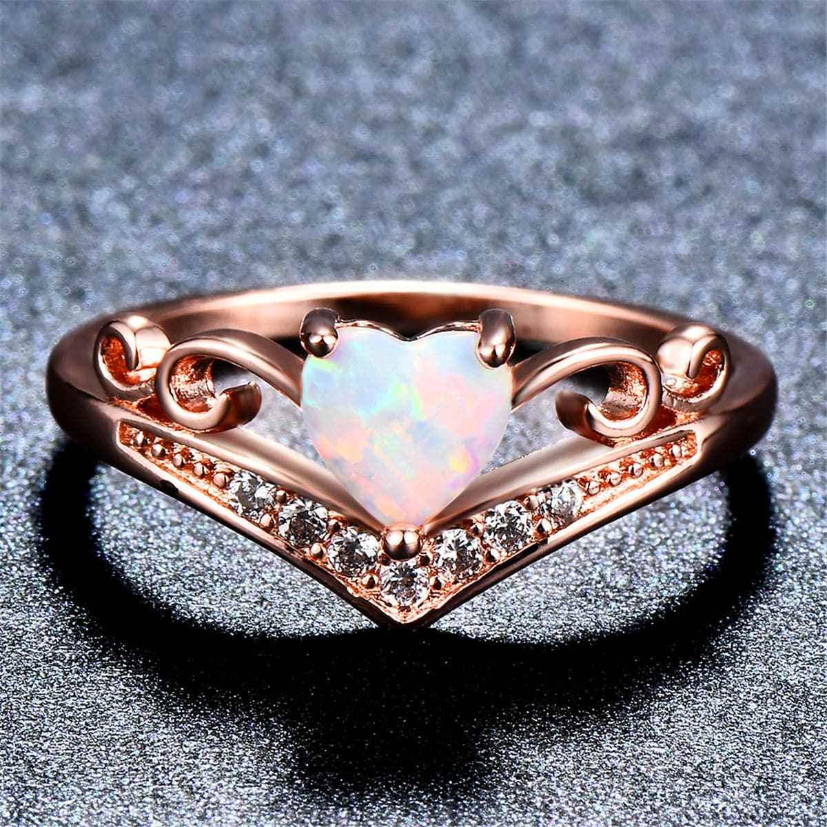 Opal & Cubic Zirconia Heart Crown Ring