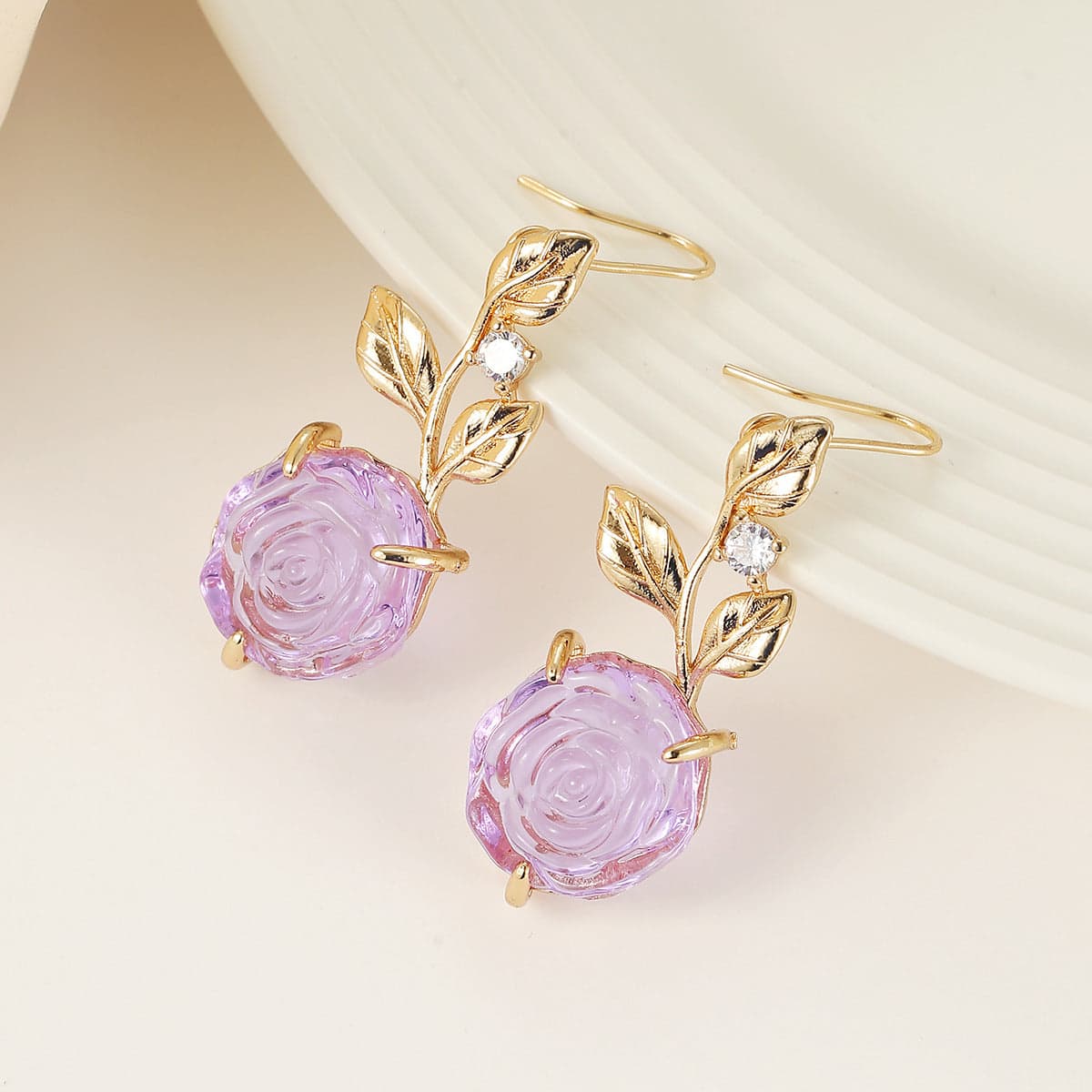 Purple Resin & Cubic Zirconia Goldtone Flower Dangle Earrings